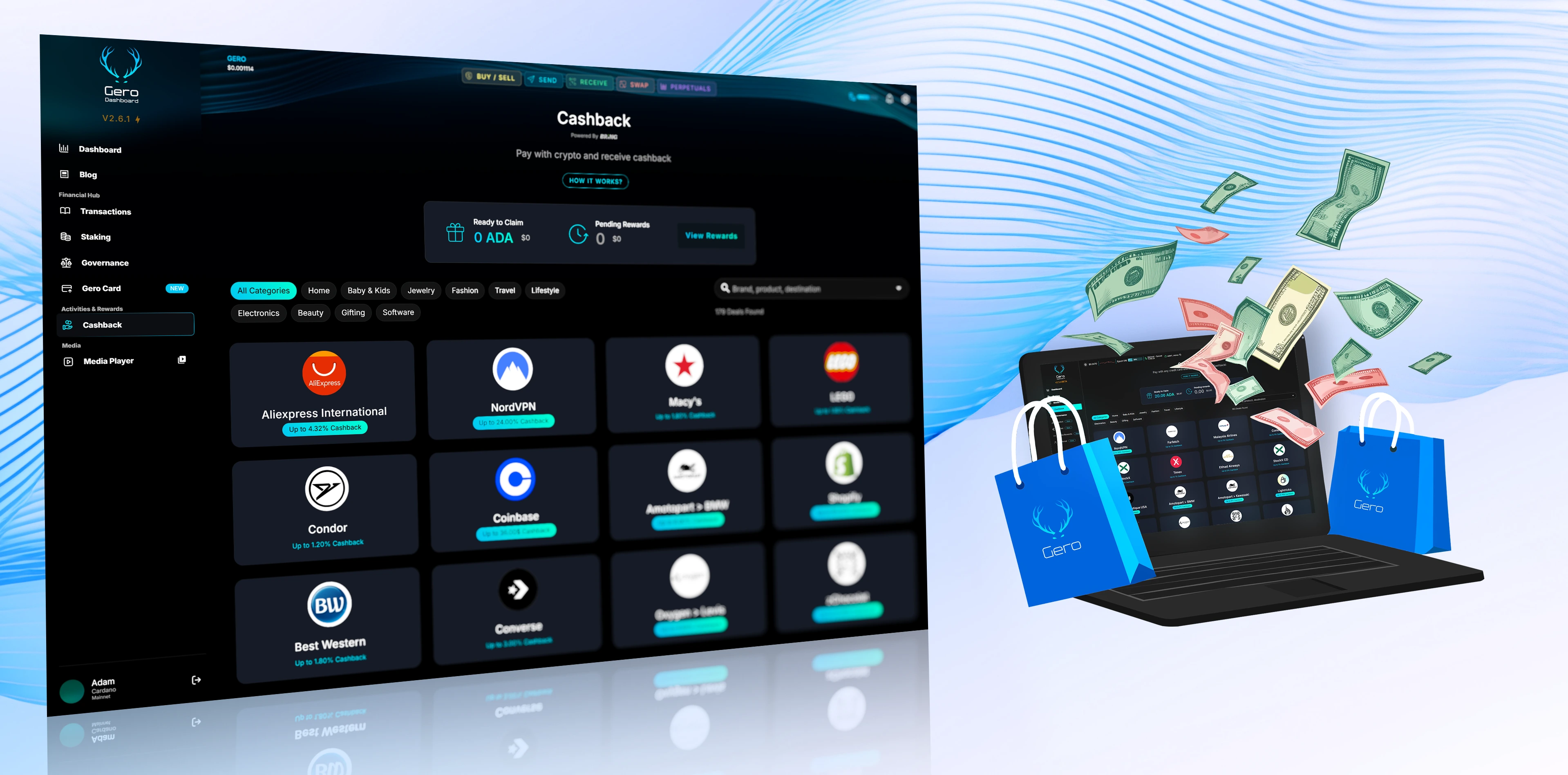 GeroWallet dashboard showing ADA cashback rewards earned from shopping at participating retailers