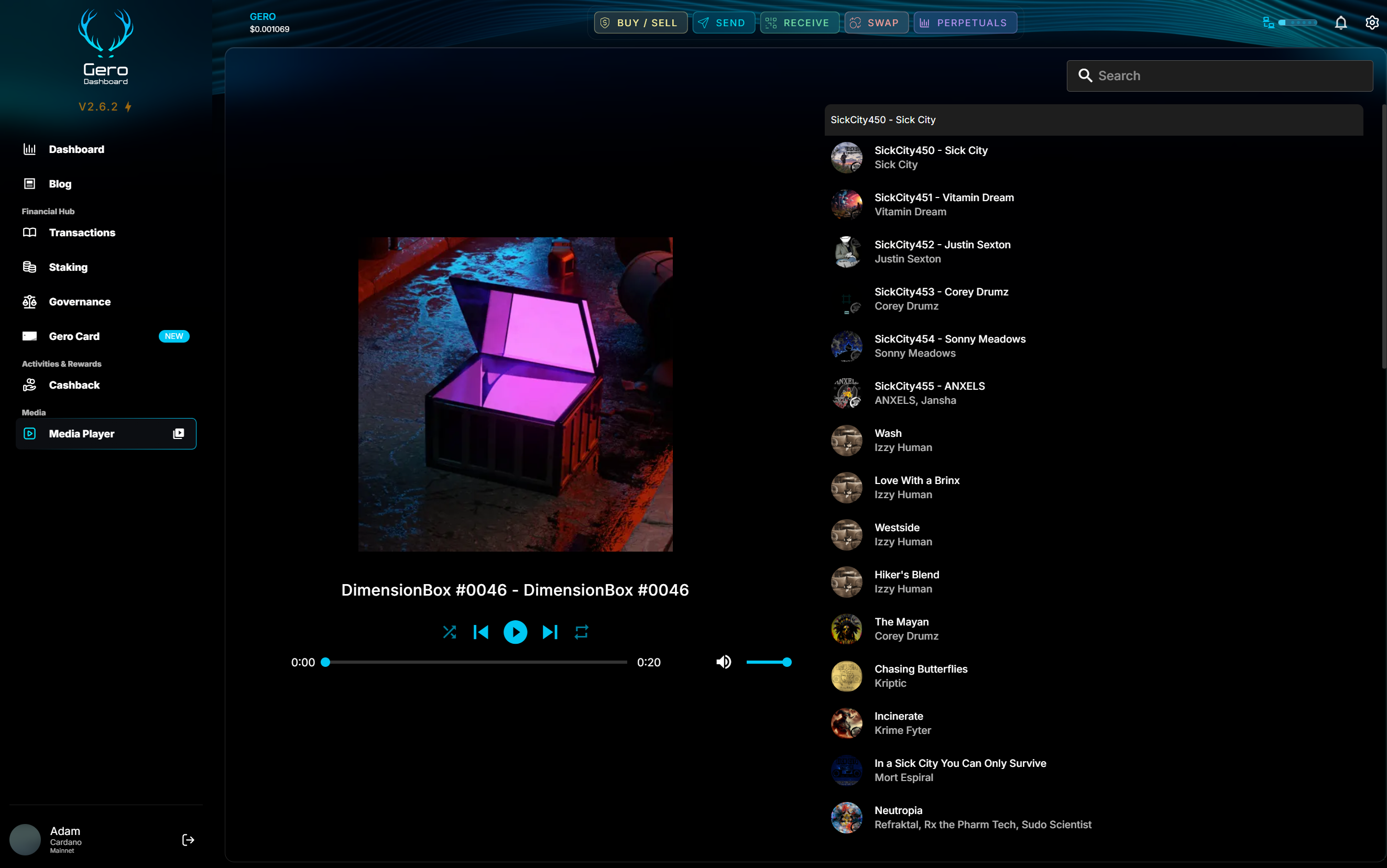 GeroWallet NFT Media Player interface showing collection view with playback controls